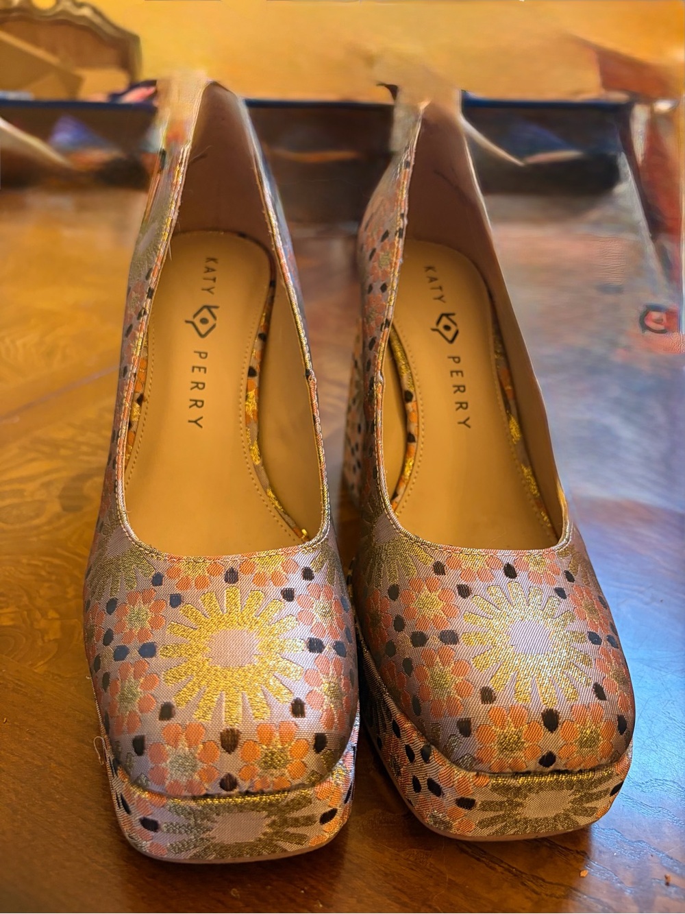 Katy Perry Collections Pink Gold Floral Platform Block Heels - Picture 9 of 14